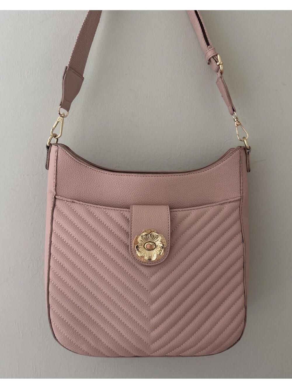Elegant Quilted Blush PinkVegan Leather Crossbody Bag Women’s Large Gold Flower